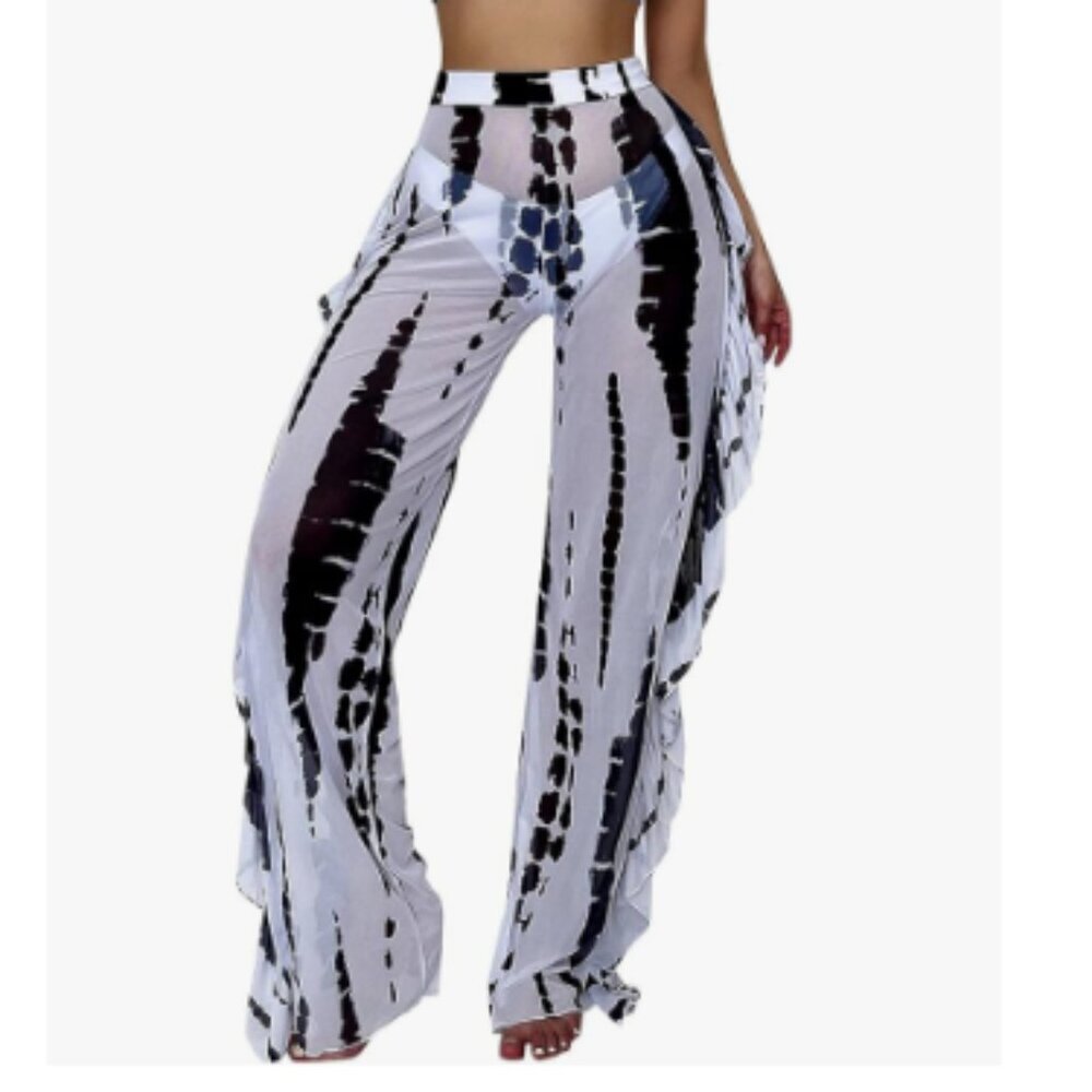 Tie Dye Transparent Mesh Beach Pants High Waist Wide Leg White & Navy Blue M - Picture 2 of 11